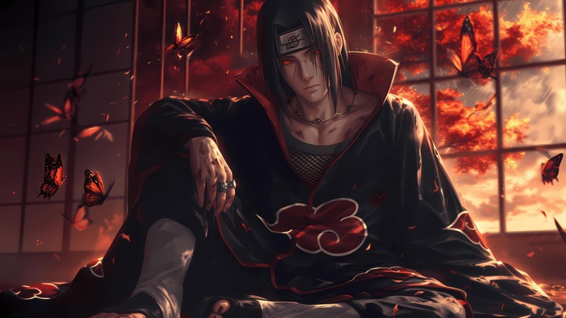 Мужчина сидит на кровати с красным цветком в руке (itachi uchiha, красный, шаринган, sharingan, naruto)