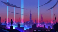 Eine futuristische Stadtlandschaft, beleuchtet von lebhaften Lichtstrahlen, vor einem Dämmerungshimmel, der das Wesen der Sci-Fi-Digitalkunst einfängt.