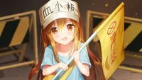 Platelet Character from 'Cells at Work' Holding a Caution Flag