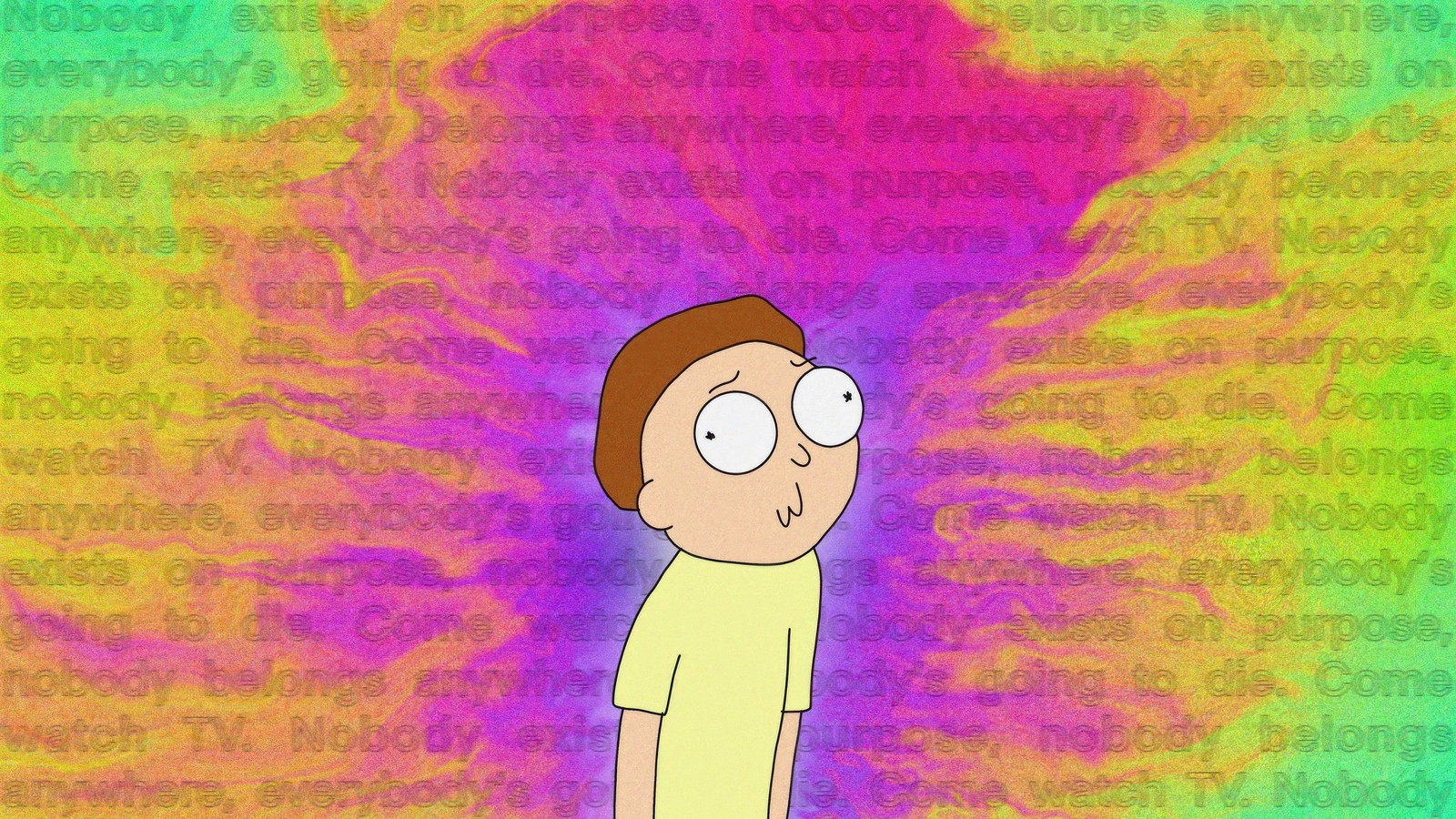 A cartoon image of a man with a yellow shirt and a red hat (morty smith, rick and morty, tv series, cartoon)