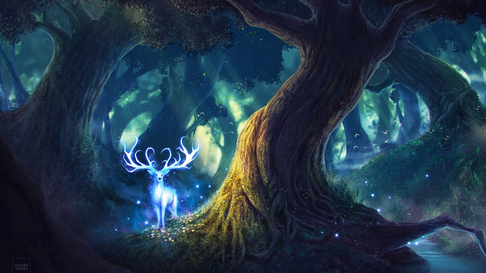 A painting of a deer in a forest with a light shining from its antlers (fairy, forest, magic, painting, atmosphere)