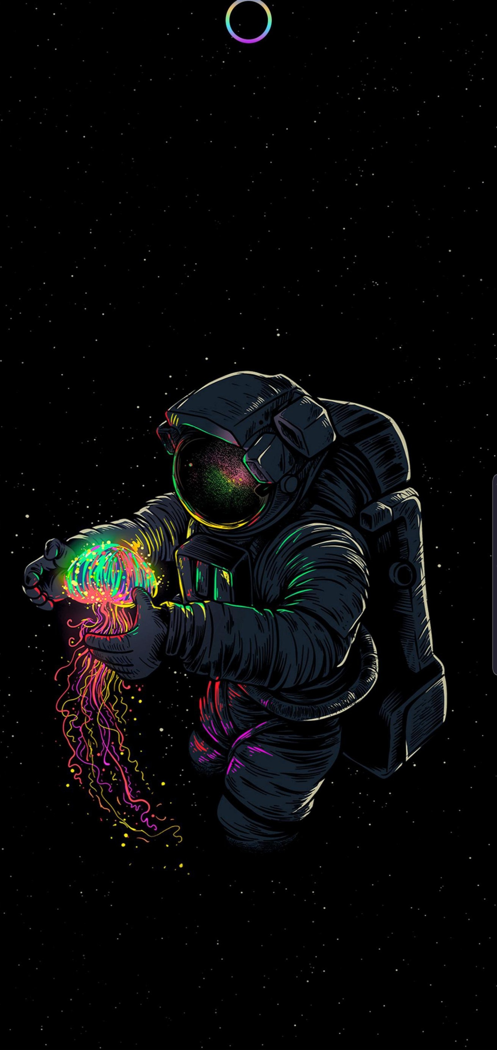 Astronaut with jellyfish in hand in space with stars and planets (ball, black, blue, dolphins, dragon)