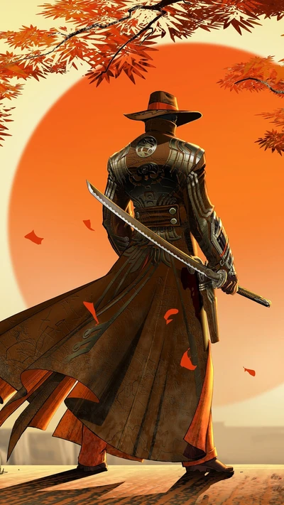 Cowboy-samurai futurista em pé contra um pôr do sol