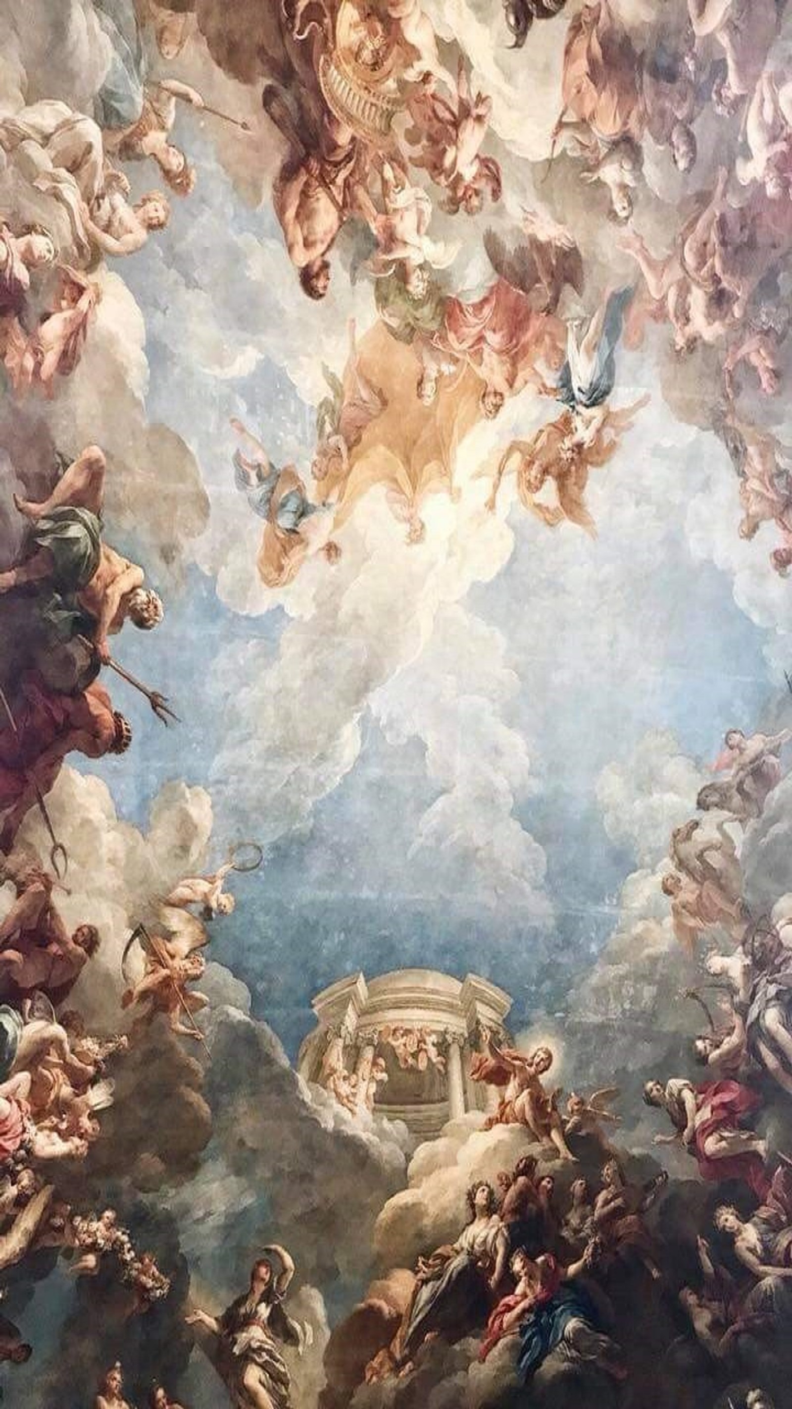 A close up of a painting of a ceiling with a lot of angels (aicent, colores, paint)