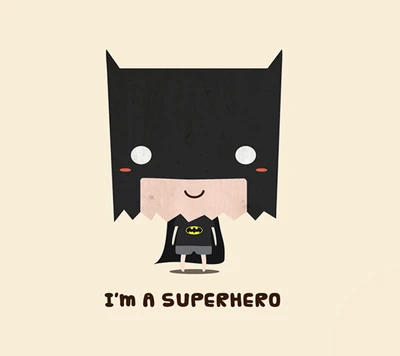 Cute cartoon depiction of a superhero with bat-like features, wearing a black cape and a shirt with a bat symbol, accompanied by the text "I'M A SUPERHERO.