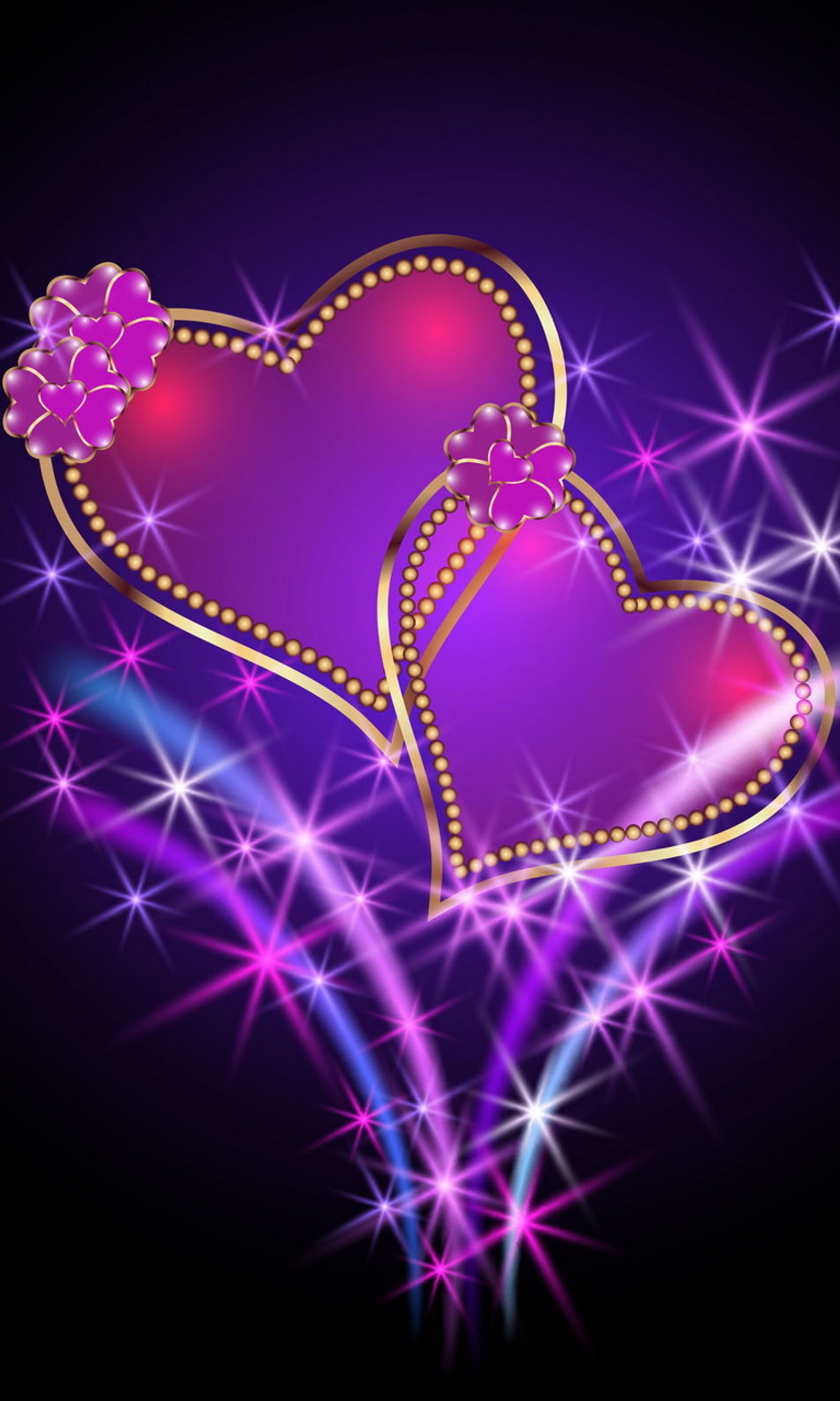 Two hearts with bows and stars on a purple background (abstract love, colorful background, hearts shine, purple)