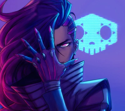 Sombra do Overwatch com cabelo longo roxo e uma pose marcante contra um fundo vibrante com um motivo de crânio.