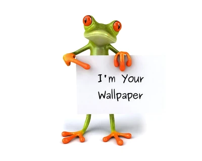 Ein fröhlicher Frosch hält ein Schild, auf dem steht "Ich bin dein Wallpaper.