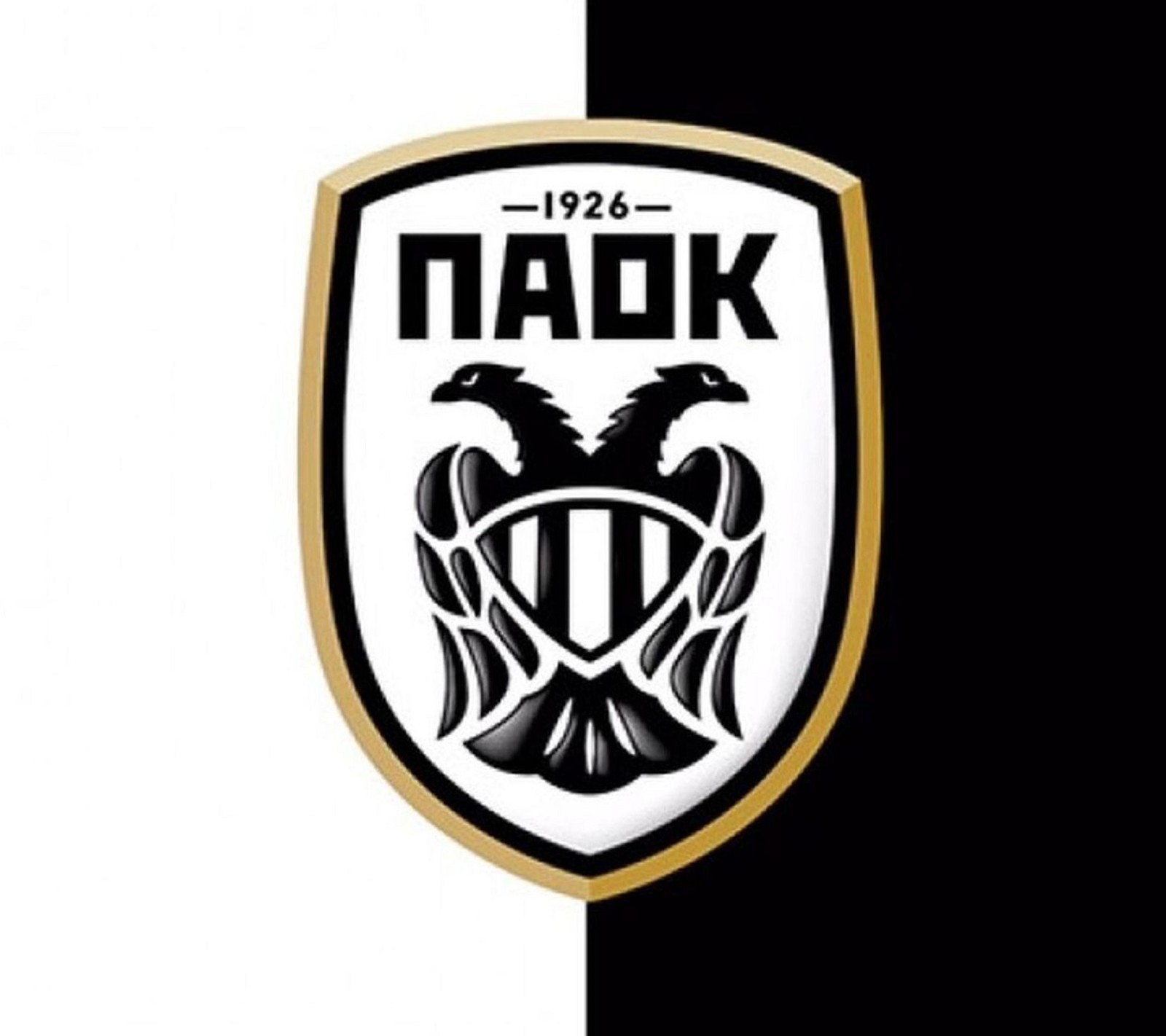 Um logotipo em preto e branco com um emblema preto e dourado (futebol, grécia, hellas, macedônia, paok)