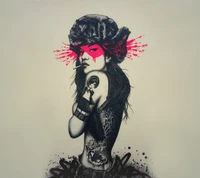 Edgy Portrait of a Tattooed Girl in a Fur Hat with Bold Red Accents