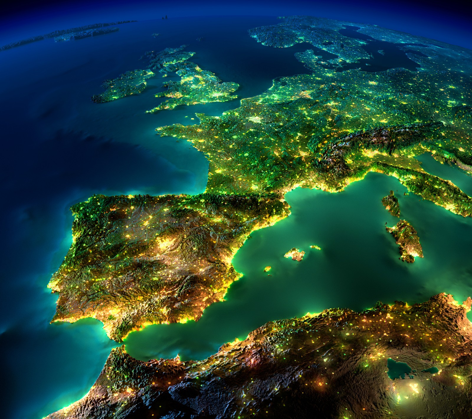 A close up of a satellite view of europe at night (abstract, art, design, earth, illuminated)