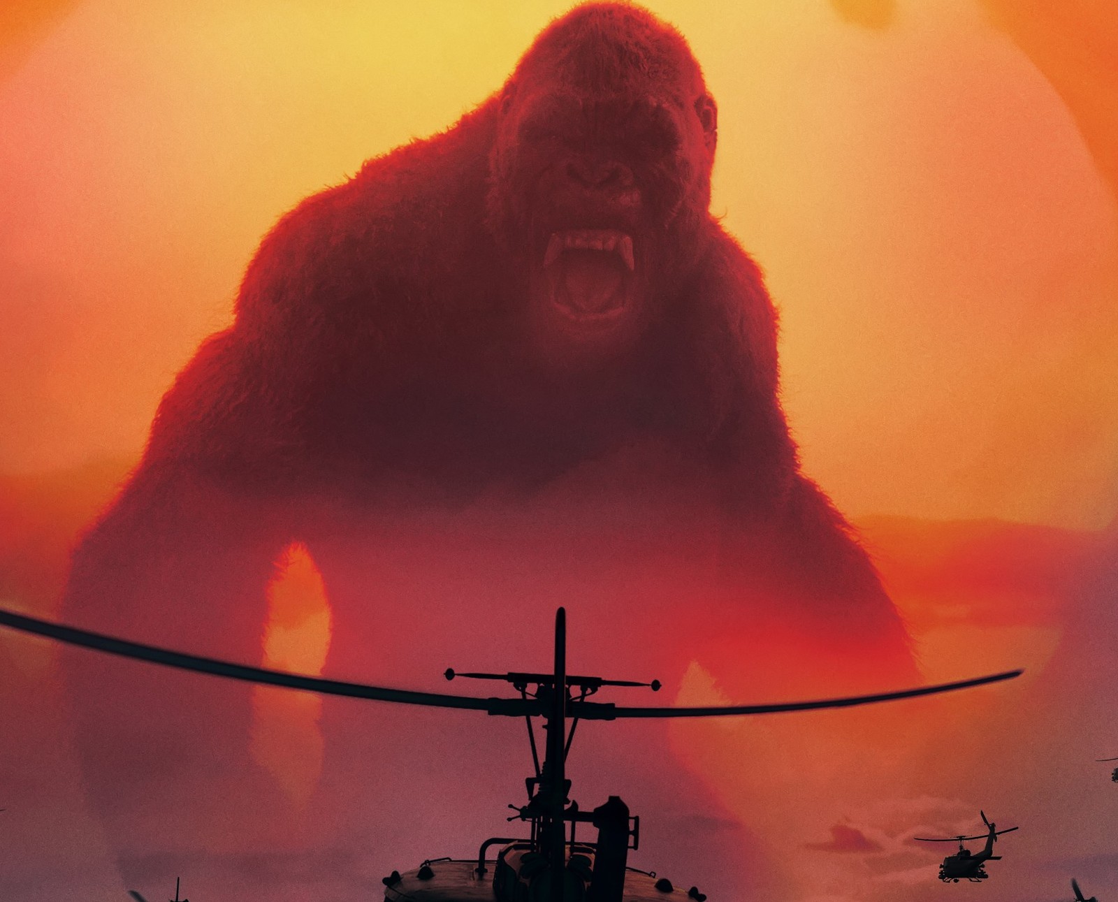 Une image arafed d'un gorille dans le ciel avec un hélicoptère au premier plan (singes, godzilla, gorillas, king kong, kong skull island)