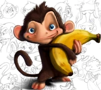 Cheerful cartoon monkey happily holding a banana.