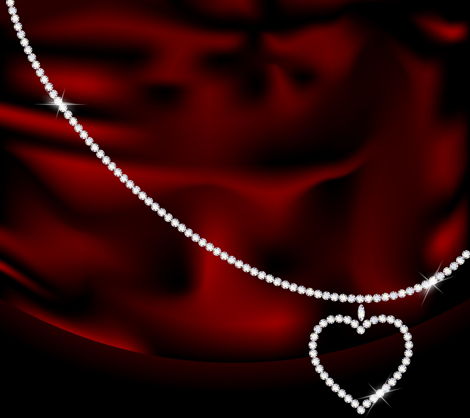 Un gros plan d'un collier en diamant avec un cœur sur de la soie rouge (beau diamant, cœur, collier, amour rouge, romantique)