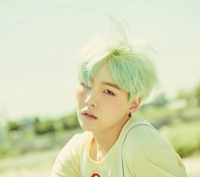 Membro do BTS Suga com cabelo verde claro em um ambiente externo sereno