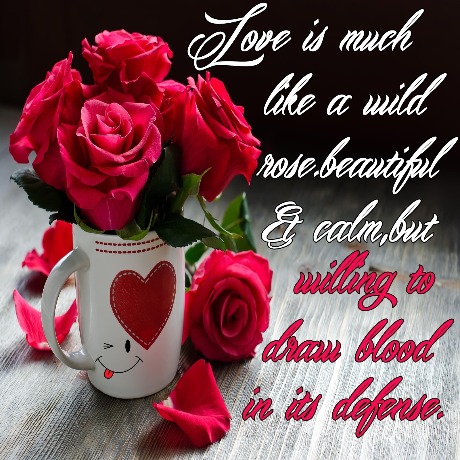 There is a cup with roses in it and a quote on it (blood, couple, cute, defense, love)