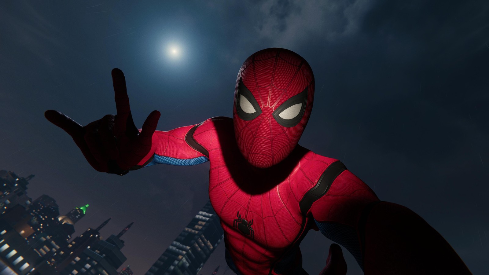 Spider - man in a red suit standing in front of a city (spiderman, selfie, marvel, universe, stark)