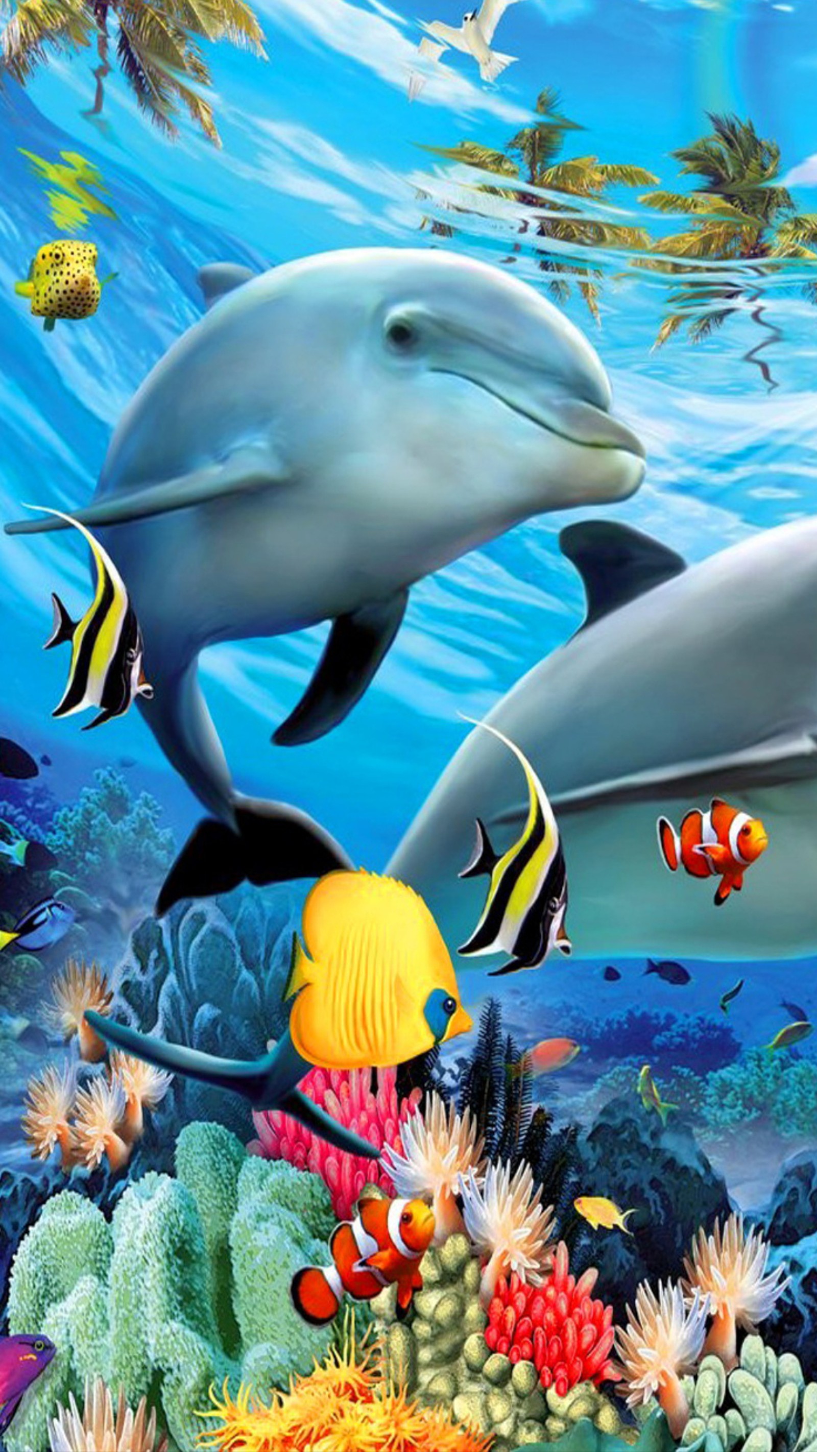 Des dauphins et des poissons nageant dans l'océan avec des coraux et d'autres vies aquatiques (dauphin, dauphins, poisson, océan, plantes)