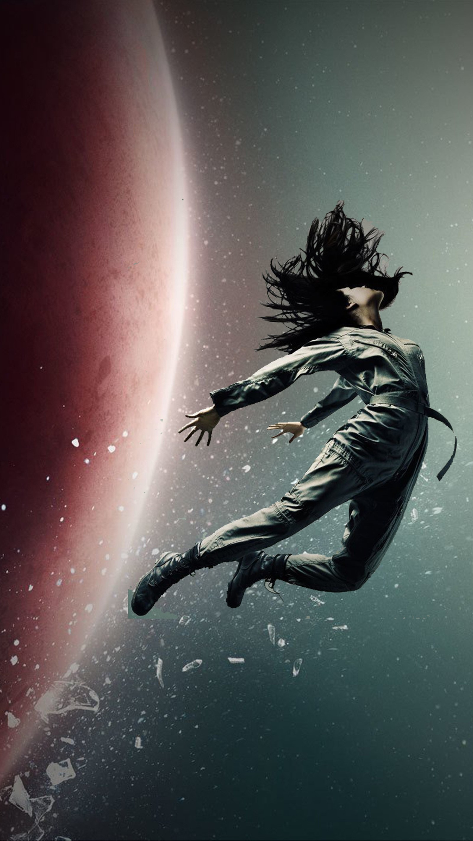 Arafed image of a woman in a space suit floating in the air (fantasy, galaxy)