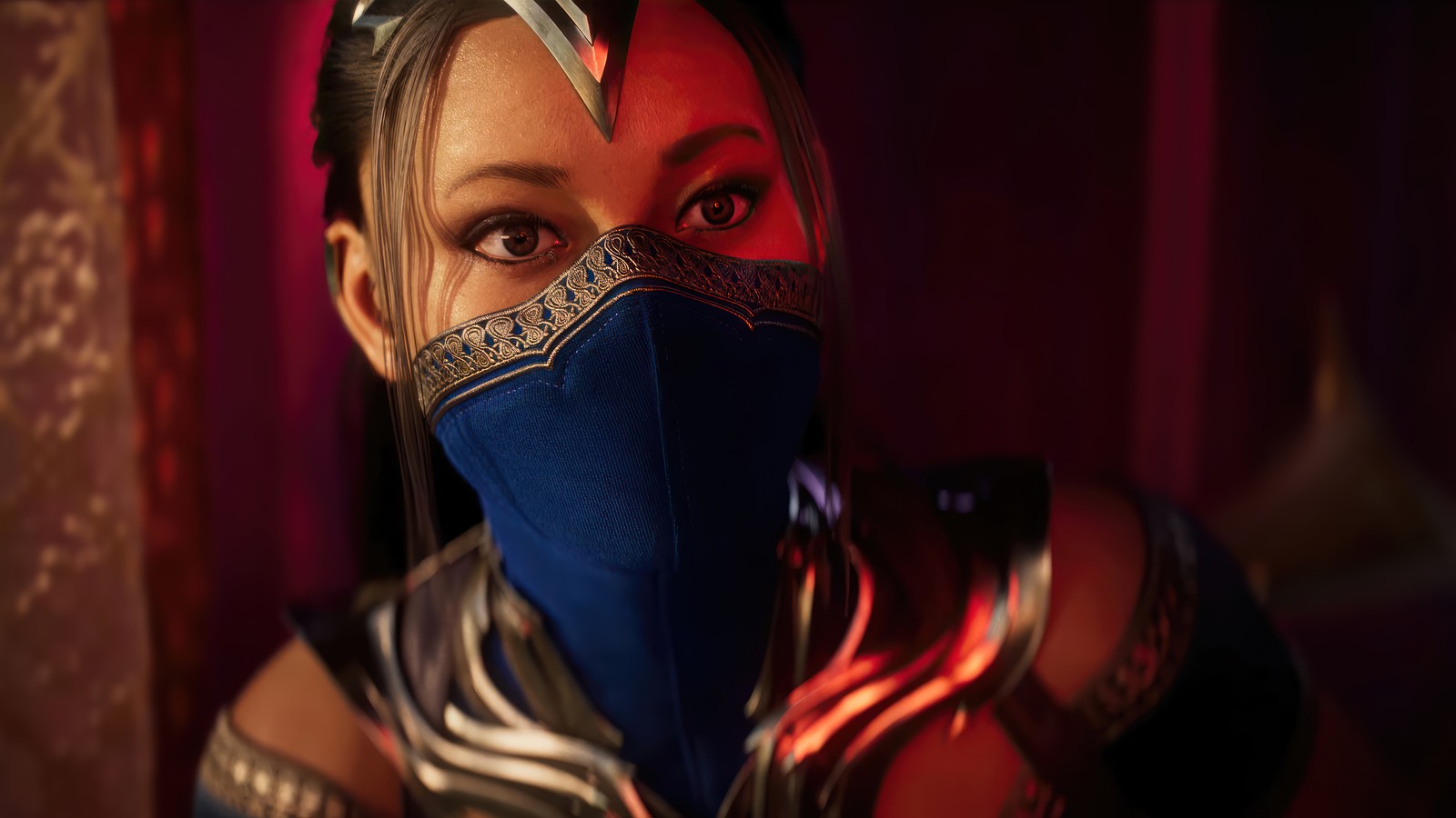 Um close de uma mulher usando uma máscara azul e um pano azul cobrindo seu rosto (mortal kombat 1, jogo de vídeo, kitana)