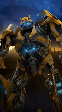 Bumblebee: Der ikonische Autobot in elektrischen Blau und Karminrot vor einer dynamischen Skyline.