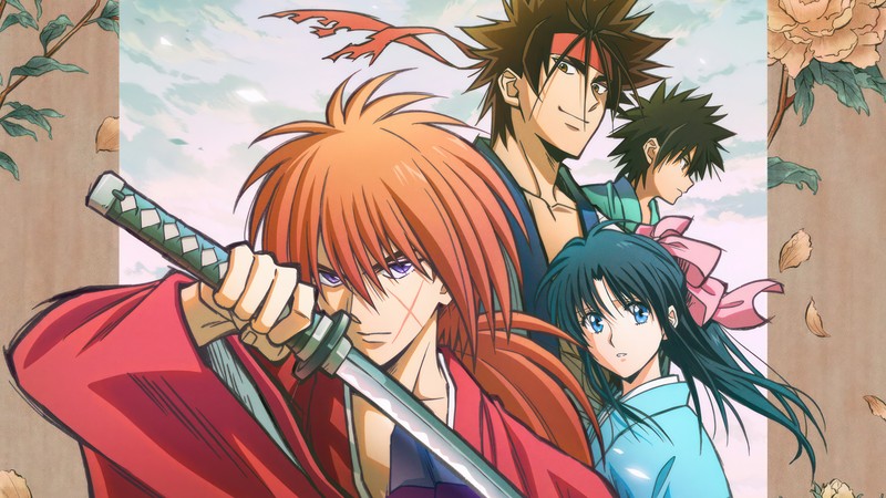 Группа аниме персонажей с мечами и цветами (руруни кэнсин, rurouni kenshin, мэйдзи кэнкаку романтан, meiji kenkaku romantan, 2023)