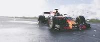 Coche de Fórmula Uno Red Bull Racing en una pista resbaladiza por la lluvia