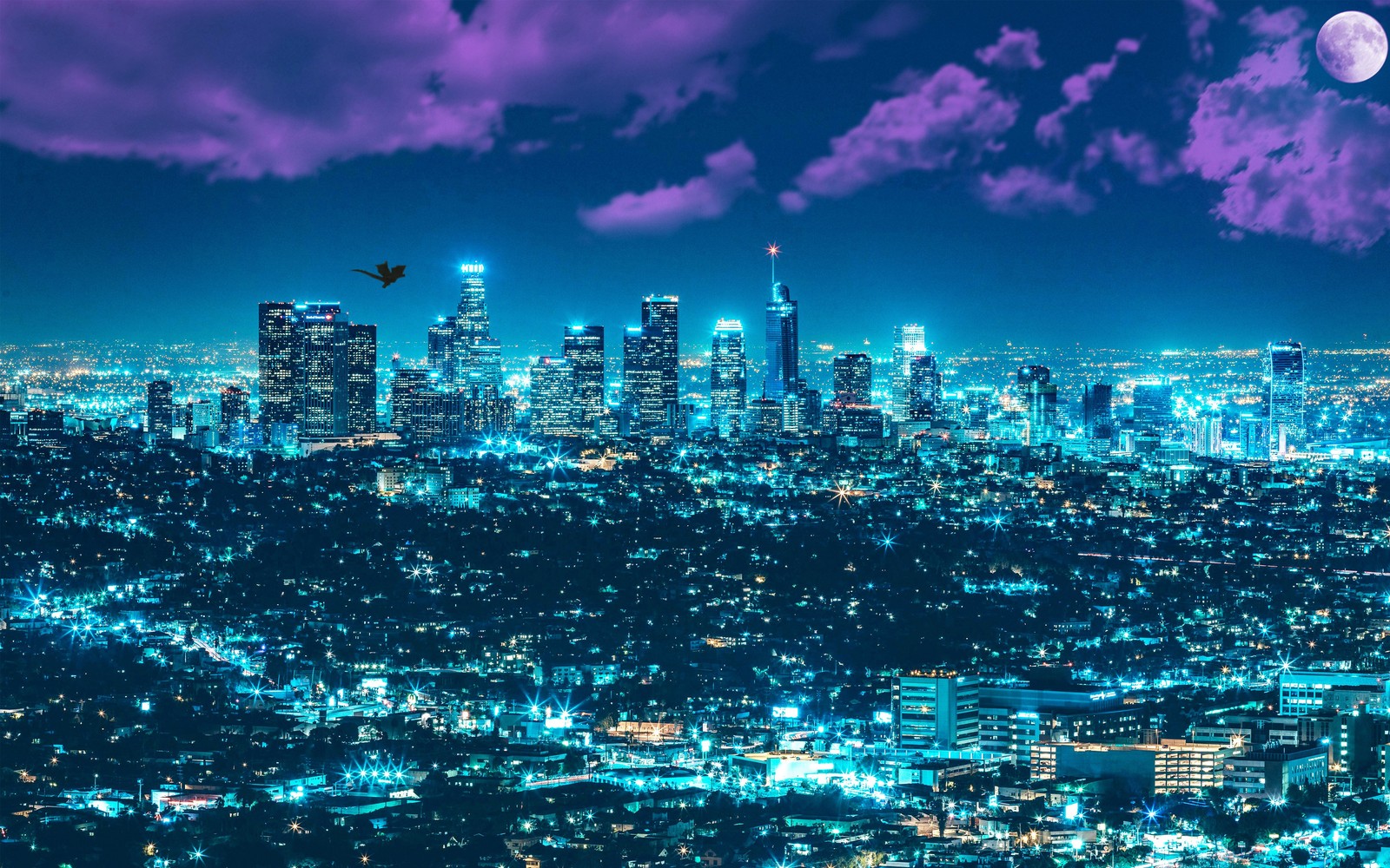 Uma vista de uma cidade à noite com uma lua cheia no céu (los angeles, paisagem urbana, cidade, metrópole, área urbana)