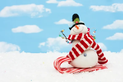 Boneco de neve alegre com bengala de doce e enfeites coloridos em um dia de inverno