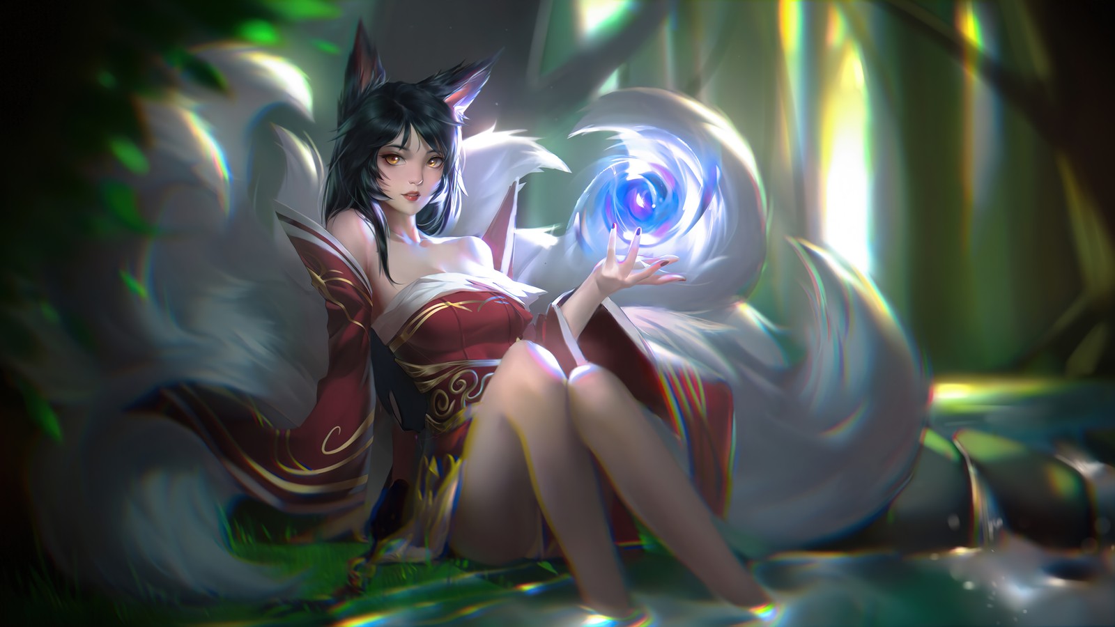 Une femme en robe rouge tenant une boule de cristal (ahri, lol, league of legends, jeu vidéo, art)