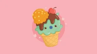 Personagem de cone de sorvete kawaii em fundo rosa pastel