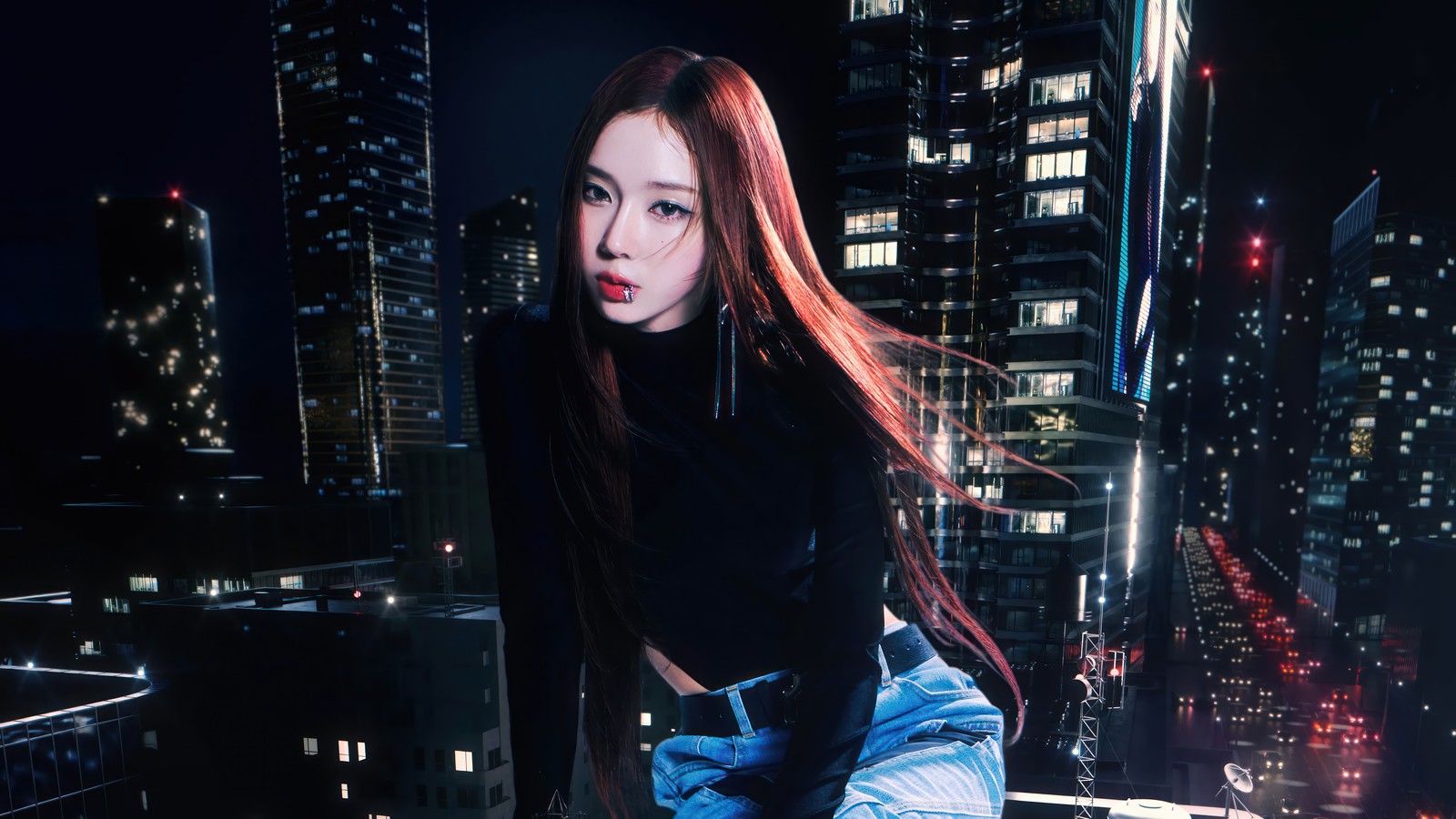 Araffe girl with long red hair sitting on a ledge in a city at night (winter, 윈터, kim min jeong, 김민정, aespa)