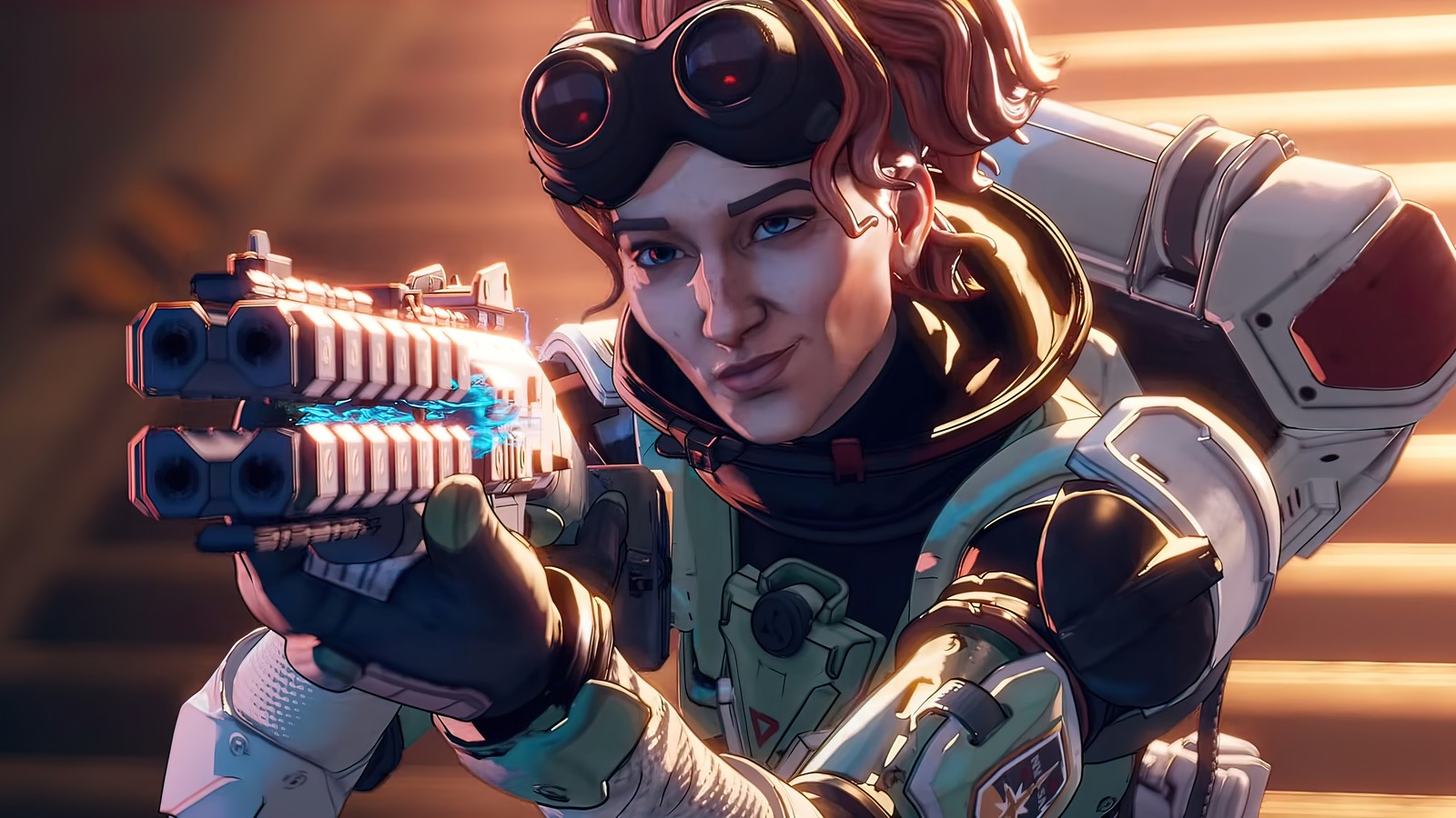 Une femme en tenue futuriste tenant un pistolet (horizon, apex legends, jeu vidéo, héritage de la saison 9, season 9 legacy)