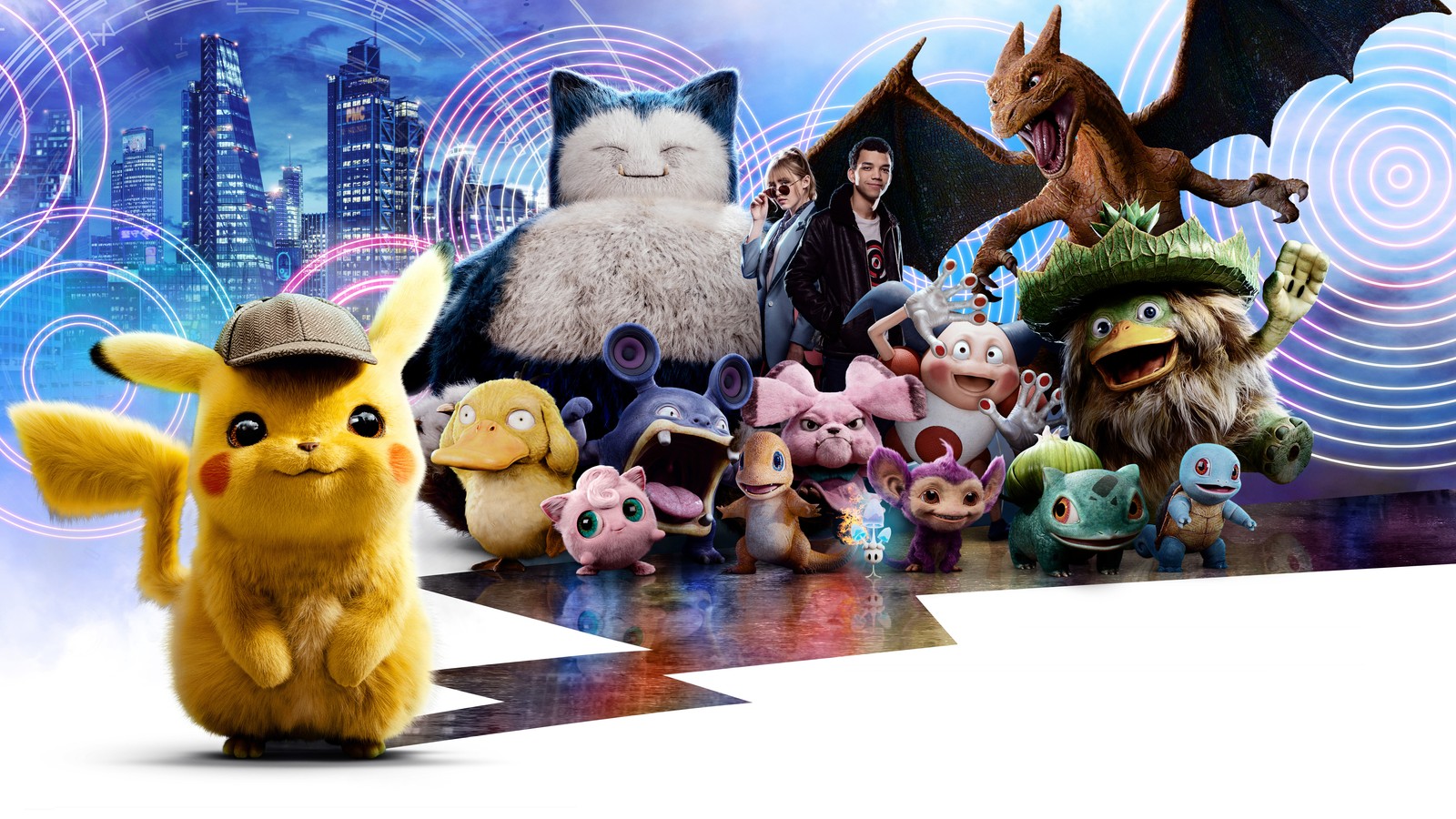 Pokémon-filmcharaktere stehen vor einer stadtlandschaft (pokémon detective pikachu, pokemon detective pikachu, detective pikachu, film, alle)