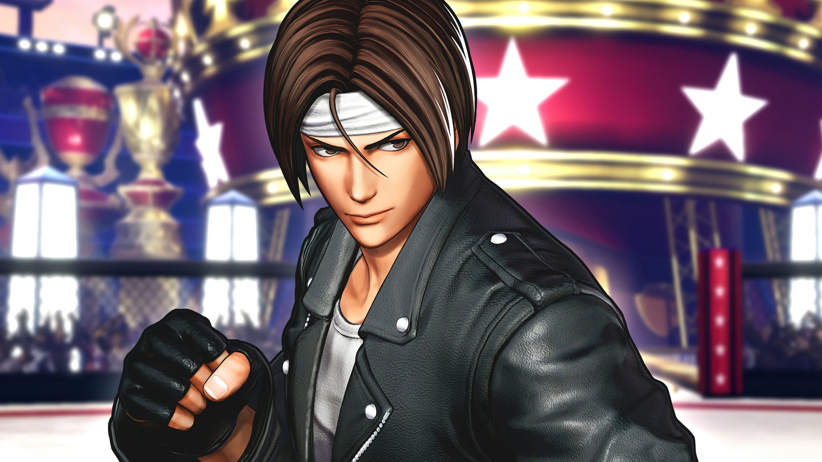 Un hombre con chaqueta de cuero sosteniendo un controlador de videojuegos (the king of fighters xv, kof 15, videojuego, kyo kusanagi)