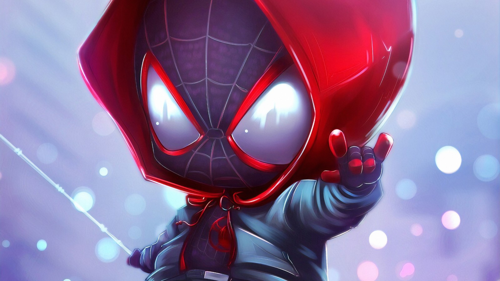 Hombre araña con capucha señalando algo (spider man, miles morales, chibi, marvel comics, cómics)