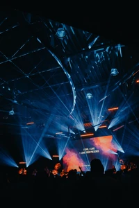 Dynamic concert atmosphere with electric blue lighting and captivating visual effects illuminating the stage, enhancing the performance experience.