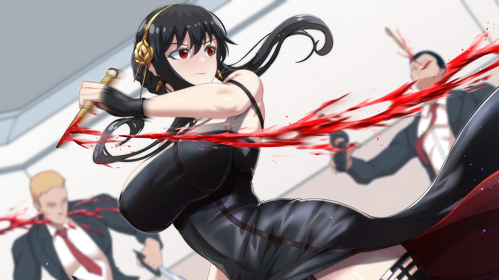 Uma mulher em um vestido preto segurando uma espada na frente de um grupo de pessoas (yor forger, spy x family, anime)