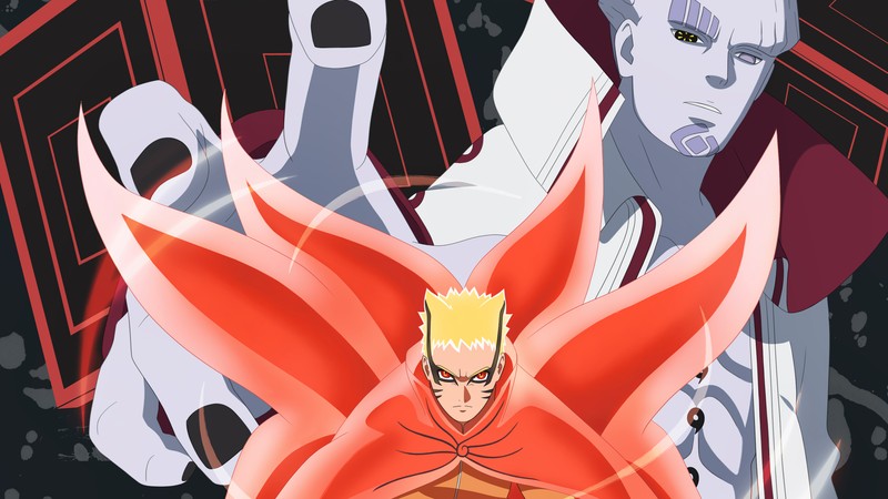 Приближенный план двух аниме персонажей с красным плащом (naruto uzumaki, режим бариона, иссики оцуцуки, аниме, anime)