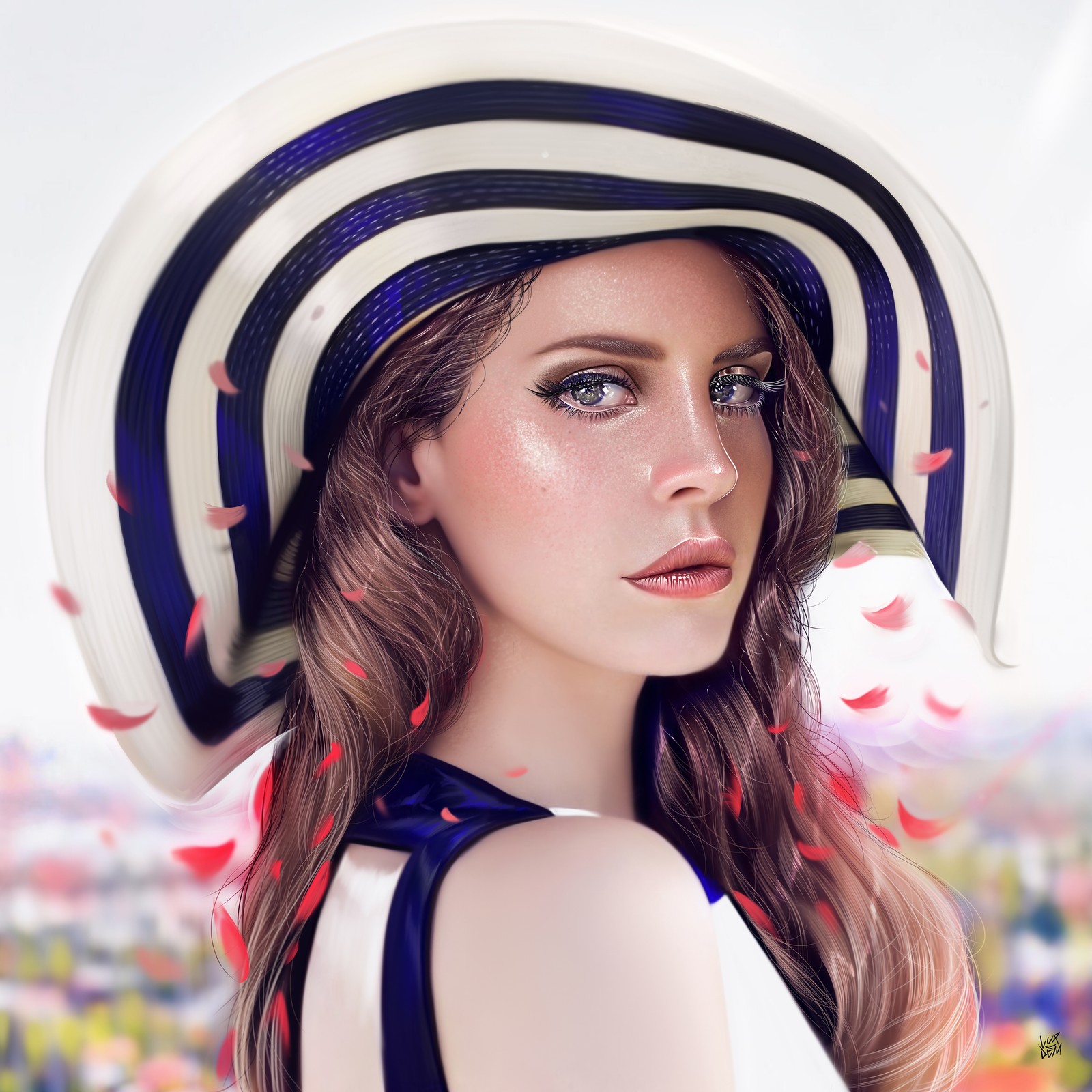 Une femme arabe avec un chapeau et une robe et une ville en arrière-plan (lana del rey, beau, portrait, composition numérique, chanteur américain)