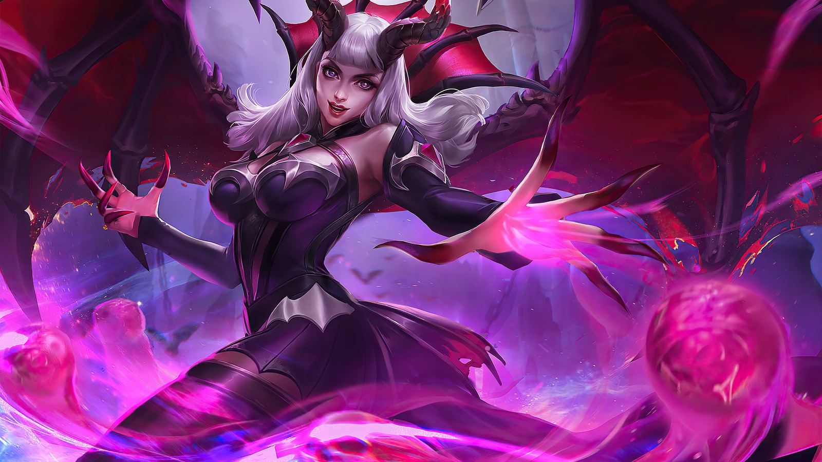 Une femme en robe noire avec un dragon rouge et noir sur la poitrine (alice, mobile legends, bang bang, mlbb, ml)