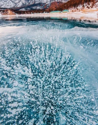 Frozen Bubbles Beneath the Icy Surface of Lake Baikal in Winter