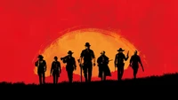 Silhouettierte Charaktere vor einem lebhaften Sonnenuntergang, die das Wesen von Abenteuer und Kameradschaft in einer Wildwest-Umgebung verkörpern.