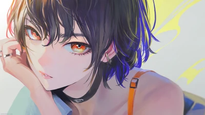 Fille d'anime frappante avec des cheveux courts et des yeux orange captivants