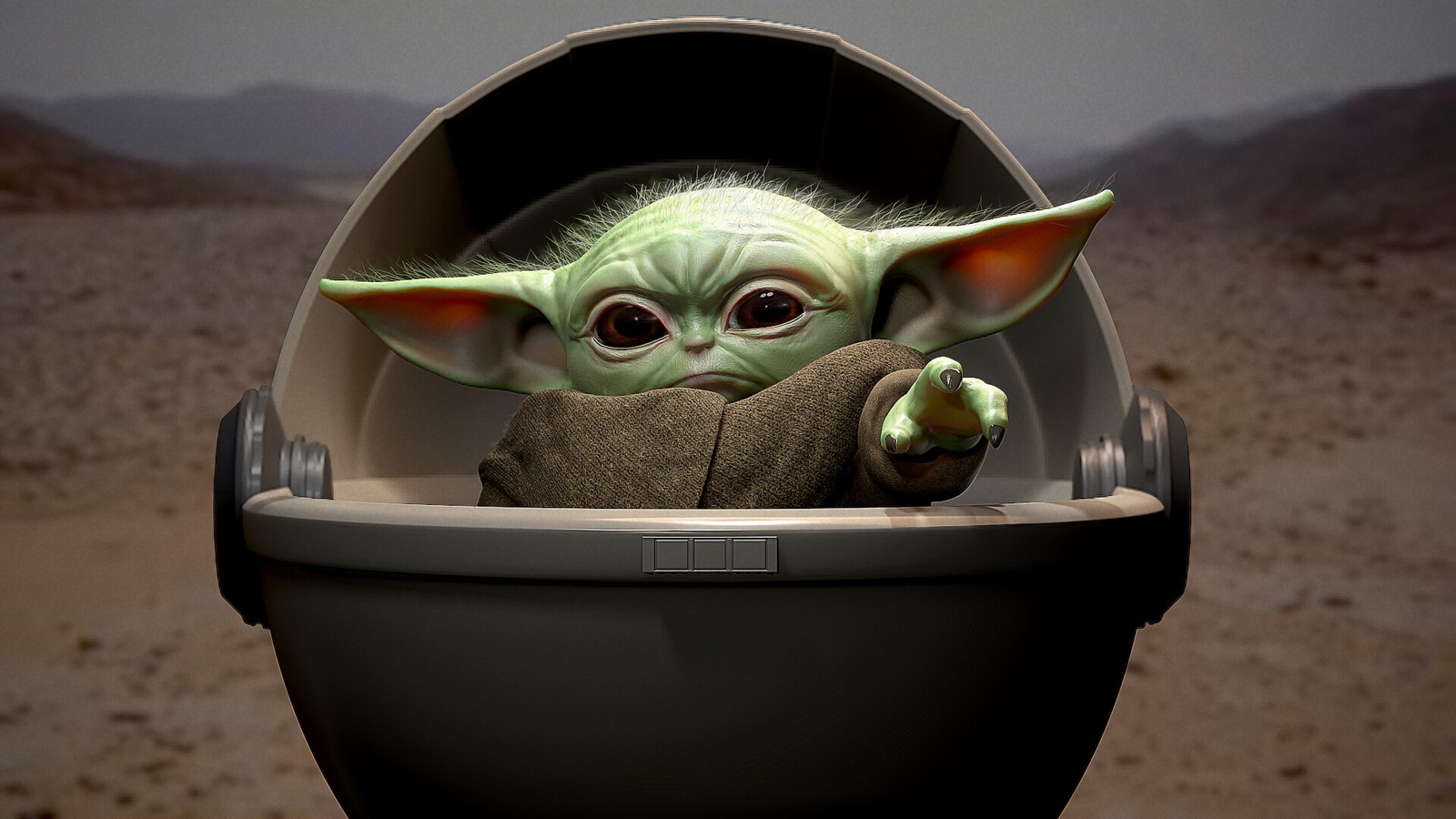 Baby yoda está en un inodoro en el desierto con una mano dentro (bebé yoda, baby yoda)