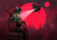 Futuristic Dark Art: A Cybernetic Observer Under a Blood-Red Moon