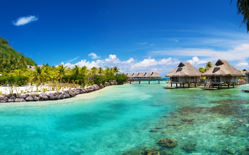 Пляжный курорт с соломенными хижинами и чистой водой (бора бора, bora bora, остров, курортный остров, тропики)