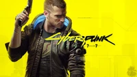 V de Cyberpunk 2077, brandissant une arme, sur un fond jaune vif.