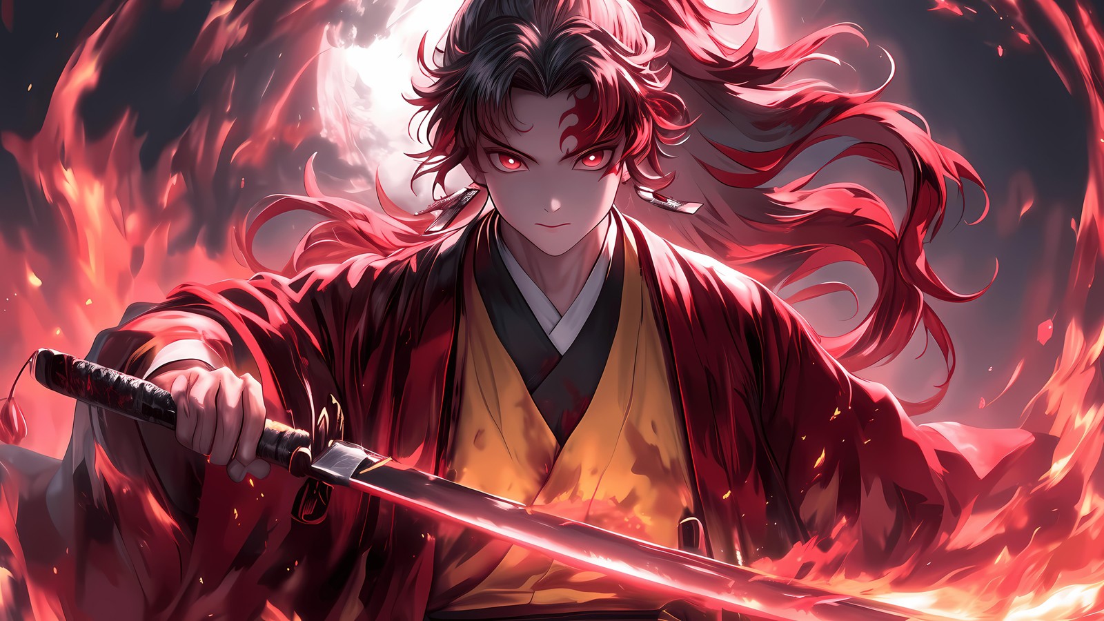 Lade dämonentöter kimetsu no yaiba, demon slayer kimetsu no yaiba, yoriichi tsugikuni, 5k, ki kunst Hintergrund herunter