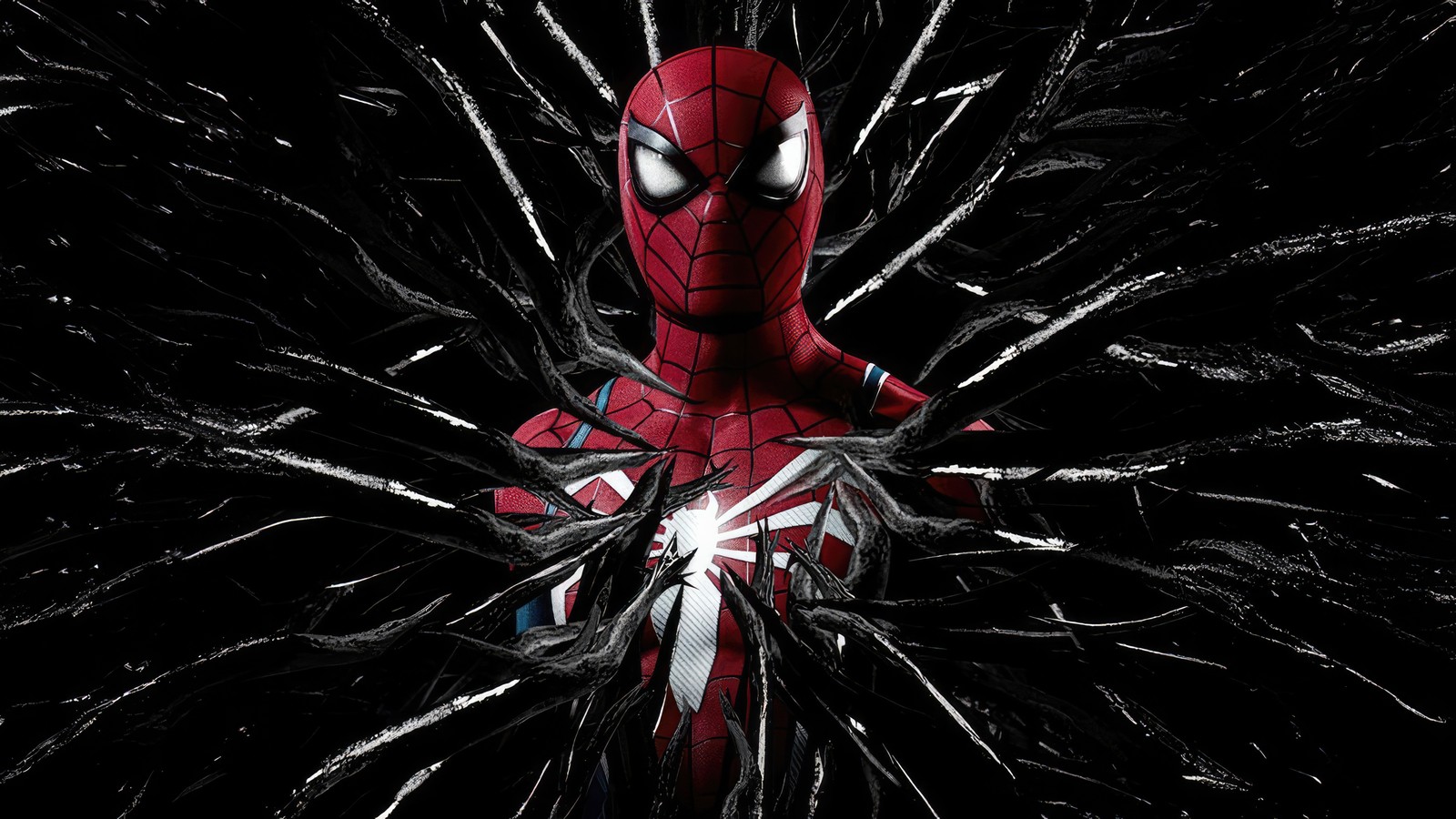 Spider-man dans un costume en verre brisé sur fond noir (marvel spider man 2, marvels spider man 2, arrière plan noir, spiderman, jeux)